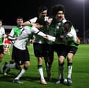  Jayden Danns of Liverpool (R2) celebrates with teammates after scoring their team's second goal during the FA Youth Cup Third Round match between Fleetwood Town U18 and Liverpool FC U18 at Highbury Stadium on December 19, 2023 in Fleetwood, England. (Photo by Jess Hornby/Getty Images)