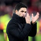 Mikel Arteta, Manager of Arsenal, applauds the fans after the draw in the Premier League match between Liverpool FC and Arsenal FC at Anfield on December 23, 2023 in Liverpool, England. (Photo by Stuart MacFarlane/Arsenal FC via Getty Images)