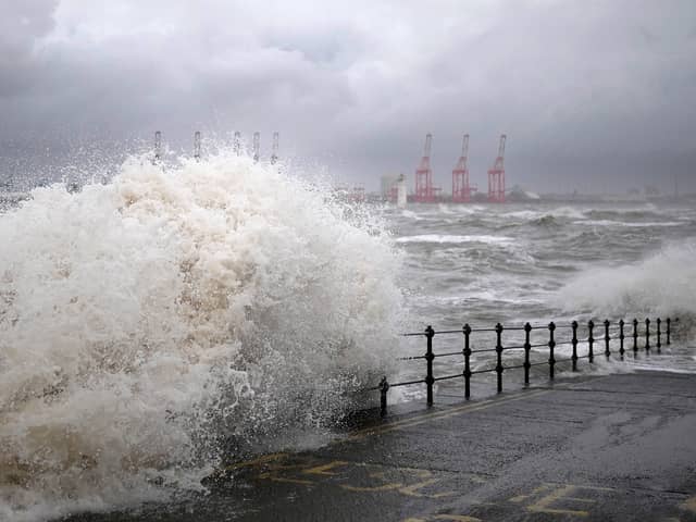 Waves created by high winds in Merseyside during Storm Eunice. Image: Christopher Furlong/Getty Images