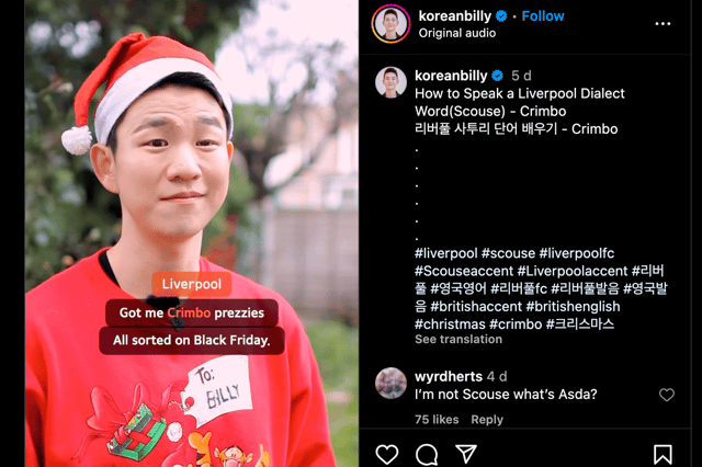 Korean Billy teaching English learners the use of 'Crimbo' in the Scouse dialect