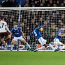 Amadou Onana of Everton commits handball to concede a penalty during the Premier League match between Everton FC and Manchester City at Goodison Park on December 27, 2023 in Liverpool, England. (Photo by Michael Regan/Getty Images)