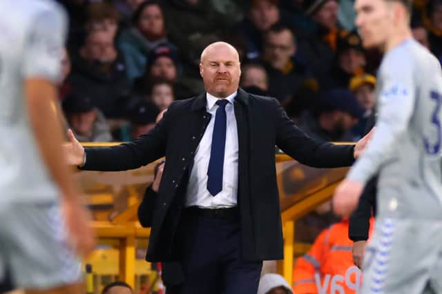 Sean Dyche, Manager of Everton, reacts during the Premier League match between Wolverhampton Wanderers and Everton FC at Molineux on December 30, 2023 in Wolverhampton, England. (Photo by Marc Atkins/Getty Images)