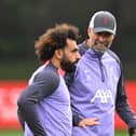 Jurgen Klopp manager of Liverpool with Mohamed Salah of Liverpool at AXA Training Centre on October 04, 2023 in Kirkby, England. (Photo by John Powell/Liverpool FC via Getty Images)