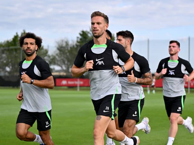 Jordan Henderson in Liverpool training along with Mo Salah, left. (Photo by Andrew Powell/Liverpool FC via Getty Images)