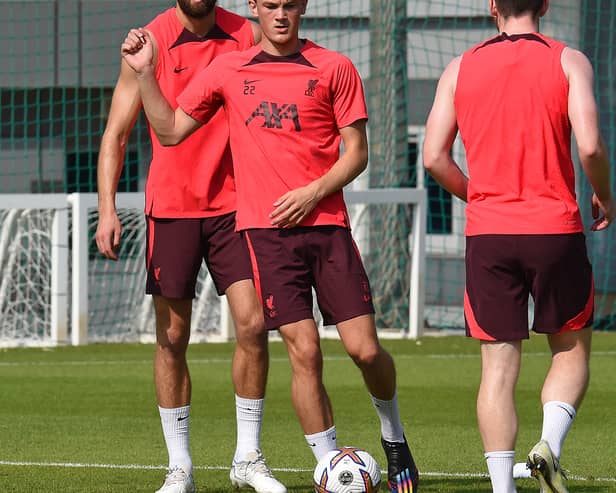 Calvin Ramsay, right, in Liverpool training along with Nat Phillips. (Photo by John Powell/Liverpool FC via Getty Images)