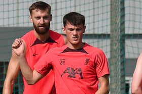 Calvin Ramsay, right, in Liverpool training along with Nat Phillips. (Photo by John Powell/Liverpool FC via Getty Images)