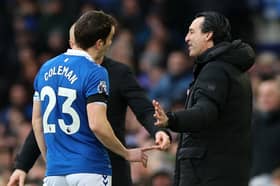 Seamus Coleman of Everton talks to Unai Emery, Manager of Aston Villa, during the Premier League match between Everton FC and Aston Villa at Goodison Park on January 14, 2024 in Liverpool, England. (Photo by Jan Kruger/Getty Image
