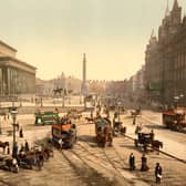 Lime Street in the 1890s, with St. George's Hall on the left and the Great North Western Hotel on the right. Wellington's column is visible in the distance.