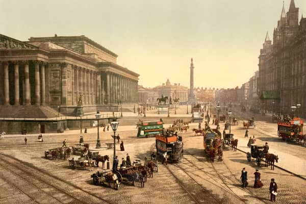 Lime Street in the 1890s, with St. George's Hall on the left and the Great North Western Hotel on the right. Wellington's column is visible in the distance.