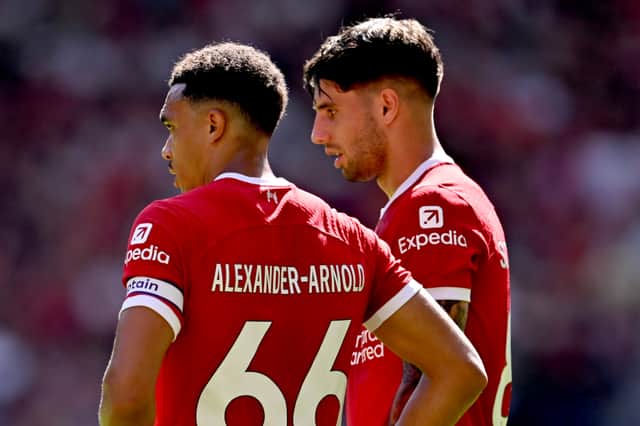 Liverpool pair Trent Alexander-Arnold and Dominik Szoboszlai. (Photo by Andrew Powell/Liverpool FC via Getty Images)