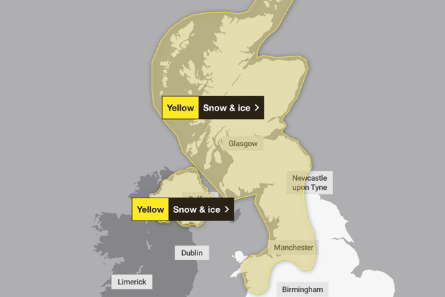 A snow and ice warning is in place from 12.00am on Tuesday (January 16). Image: Met Office