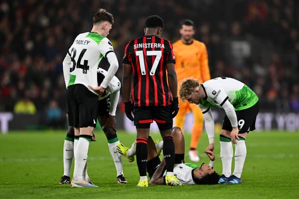 Luis Diaz of Liverpool goes down with an injury during the Premier League match between AFC Bournemouth and Liverpool FC at Vitality Stadium on January 21, 2024 in Bournemouth, England. (Photo by Mike Hewitt/Getty Images)