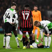 Luis Diaz of Liverpool goes down with an injury during the Premier League match between AFC Bournemouth and Liverpool FC at Vitality Stadium on January 21, 2024 in Bournemouth, England. (Photo by Mike Hewitt/Getty Images)