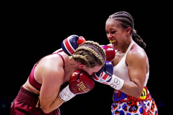 Natasha Jonas punches Mikaela Mayer during the IBF World Welterweight Title fight at M&S Bank Arena on January 20, 2024 in Liverpool. Image: Alex Livesey/Getty Images