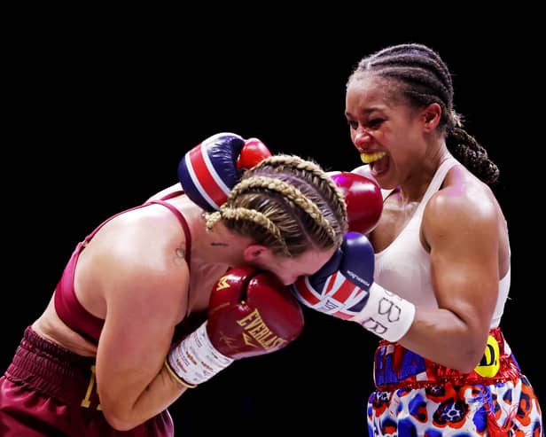 Natasha Jonas punches Mikaela Mayer during the IBF World Welterweight Title fight at M&S Bank Arena on January 20, 2024 in Liverpool. Image: Alex Livesey/Getty Images