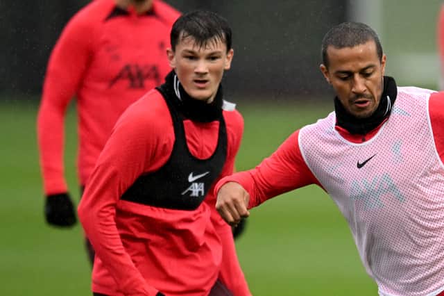 Calvin Ramsay, left, in Liverpool training.  (Photo by Andrew Powell/Liverpool FC via Getty Images)
