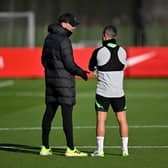 Jurgen Klopp manager of Liverpool Thiago Alcantara of Liverpool during a training session at AXA Training Centre on January 26, 2024 in Kirkby, England. (Photo by Andrew Powell/Liverpool FC via Getty Images)