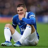 Vitaliy Mykolenko of Everton reacts during the Emirates FA Cup Fourth Round match between Everton and Luton Town at Goodison Park on January 27, 2024 in Liverpool, England. (Photo by Alex Livesey/Getty Images)
