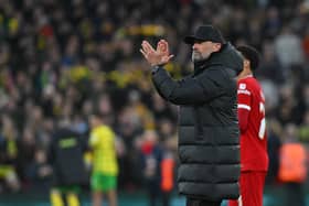 Jurgen Klopp manager of Liverpool showing his appreciation to the fans at the end of the Emirates FA Cup Fourth Round match between Liverpool and Norwich City at Anfield on January 28, 2024 in Liverpool, England. (Photo by John Powell/Liverpool FC via Getty Images)