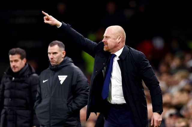 Sean Dyche, Manager of Everton, reacts during the Premier League match between Fulham FC and Everton FC at Craven Cottage on January 30, 2024 in London, England. (Photo by Bryn Lennon/Getty Images)