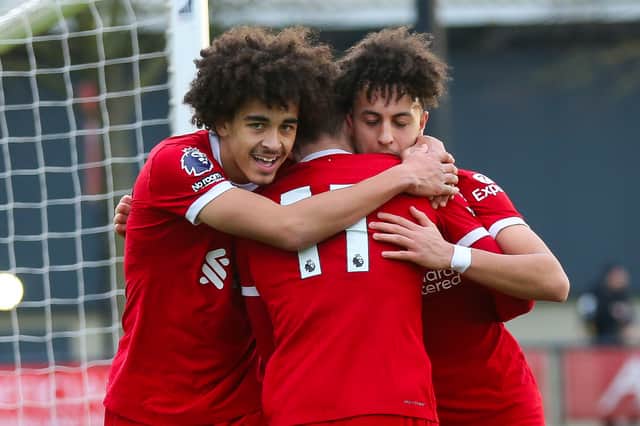 Lewis Koumas celebrates scoring against Fulham U21 with his team mate Kaide Gordon and Jayden Danns during the Premier League 2 match at the AXA Training Centre on January 28, 2024 in Kirkby, England. (Photo by Liverpool FC/Liverpool FC via Getty Images)
