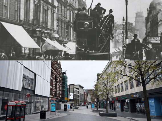 One of Liverpool's first tram cars heads down Lord Street in 1902 vs a deserted during the covid-19 lockdown.