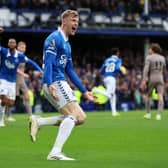 Jarrad Branthwaite of Everton celebrates scoring his team's second goal during the Premier League match between Everton FC and Tottenham Hotspur at Goodison Park on February 03, 2024 in Liverpool, England. (Photo by Clive Brunskill/Getty Images)