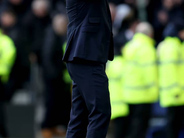Sean Dyche, Manager of Everton, applauds the fans after the Premier League match between Everton FC and Tottenham Hotspur at Goodison Park on February 03, 2024 in Liverpool, England. (Photo by Clive Brunskill/Getty Images)