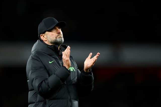Liverpool manager Jurgen Klopp applauds the travelling fans after the loss against Arsenal.  (Photo by Justin Setterfield/Getty Images)