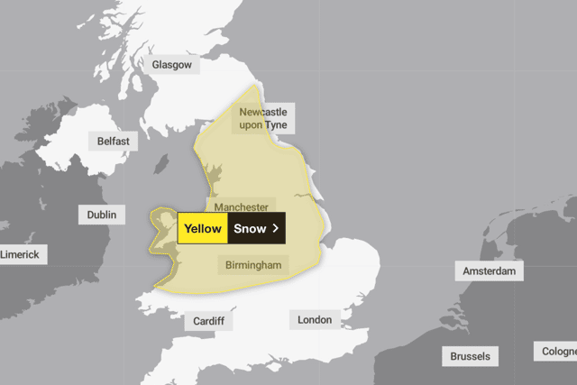 The Met Office has issued a yellow weather warning for snow, affecting Merseyside. Image: Met Office