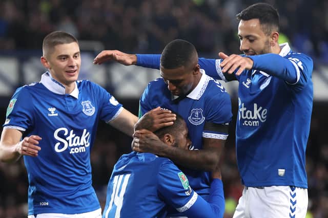 Ashley Young, centre, celebrates for Everton. (Photo by Alex Livesey/Getty Images)