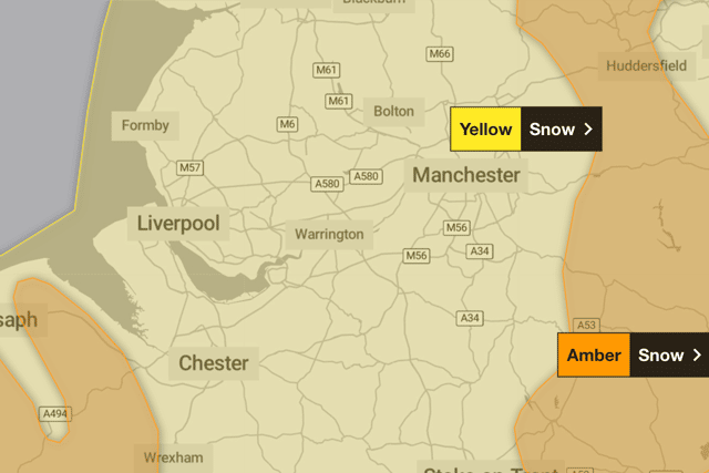 The Met Office has issued two amber warnings for snow, covering North Wales from 8.00am until 3.00pm on Thursday (February 8) and the South Pennines and Peak District from 12.00pm until 6.00pm on Thursday. Merseyside currently remains under a yellow warning. Image: Met Office