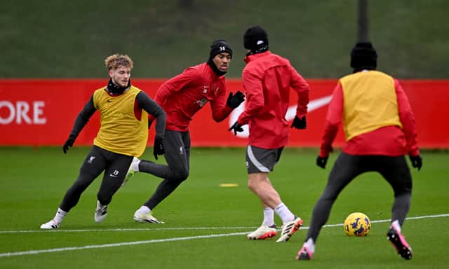  Ryan Gravenberch and Harvey Elliott of Liverpool during a training session at AXA Training Centre on February 08, 2024 in Kirkby, England. (Photo by Andrew Powell/Liverpool FC via Getty Images)