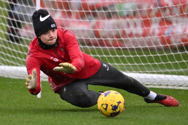 Kornel Misciur of Liverpool during a training session at AXA Training Centre on February 08, 2024 in Kirkby, England. (Photo by Andrew Powell/Liverpool FC via Getty Images)