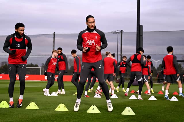 Virgil van Dijk captain of Liverpool during a training session at AXA Training Centre on February 13, 2024 in Kirkby, England. (Photo by Andrew Powell/Liverpool FC via Getty Images)