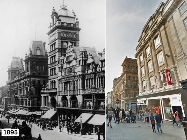 Bon Marche building in Liverpool in 1895 and 2019. Image: Hulton Archive/Getty Images and Google Street View
