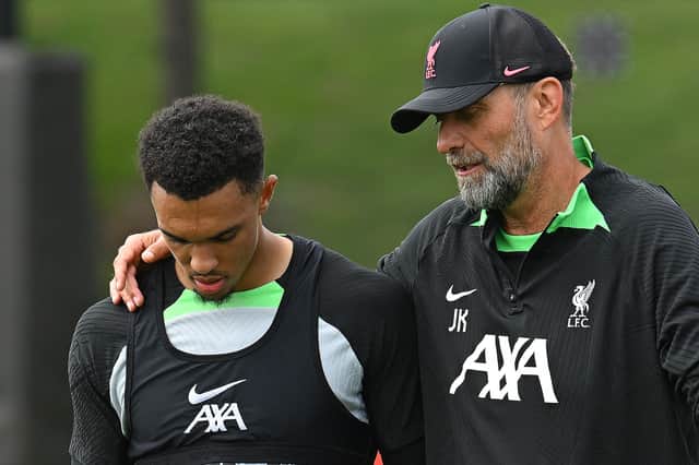 Liverpool defender Trent Alexander-Arnold and manager Jurgen Klopp. (Photo by John Powell/Liverpool FC via Getty Images)