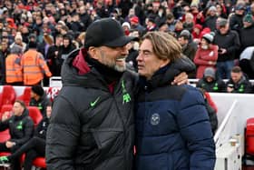 Jurgen Klopp (L) with Brentford's Thomas Frank in the Bees and Reds last meeting