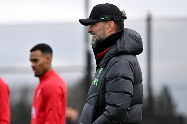 Jurgen Klopp manager of Liverpool during a training session at AXA Training Centre on February 13, 2024 in Kirkby, England. (Photo by Andrew Powell/Liverpool FC via Getty Images)
