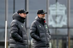 Jurgen Klopp manager of Liverpool and Peter Krawietz assistant manager of Liverpool during a training session at AXA Training Centre on February 13, 2024 in Kirkby, England. (Photo by Andrew Powell/Liverpool FC via Getty Images)