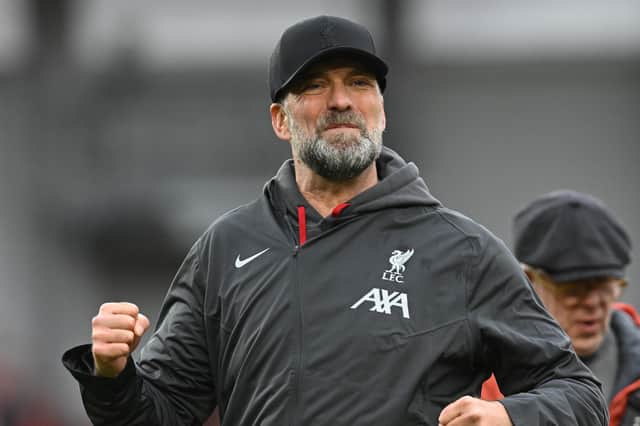 Jurgen Klopp manager of Liverpool showing his appreciation to the fans at the end of the Premier League match between Brentford FC and Liverpool FC at Brentford Community Stadium on February 17, 2024 in Brentford, England. (Photo by John Powell/Liverpool FC via Getty Images)