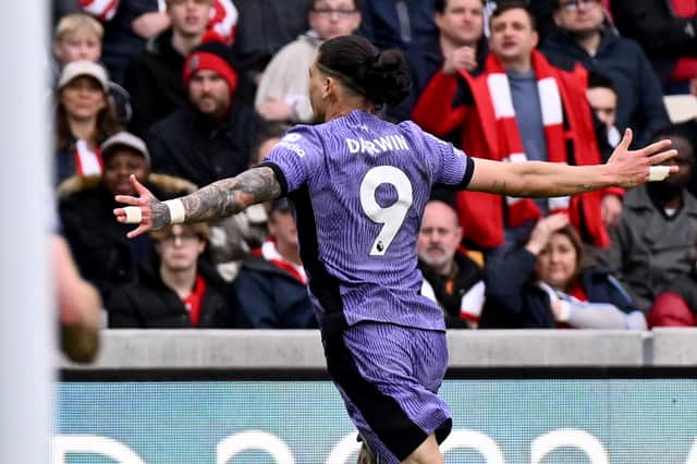 Darwin Nunez of Liverpool celebrates after scoring the opening goal during the Premier League match between Brentford FC and Liverpool FC at Brentford Community Stadium on February 17, 2024 in Brentford, England. (Photo by Andrew Powell/Liverpool FC via Getty Images)