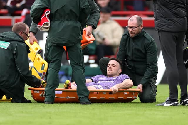 Diogo Jota was stretchered off in Liverpool's 4-1 win over Brentford. (Photo by Ryan Pierse/Getty Images)