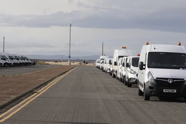White vans parked along New Brighton promenade on Tuesday (February 20). Image: Ian Fairbrother