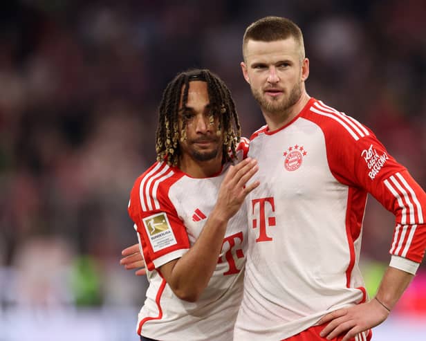 Bayern Munich defender Eric Dier, right, with Sacha Boey. (Photo by Alexander Hassenstein/Getty Images)