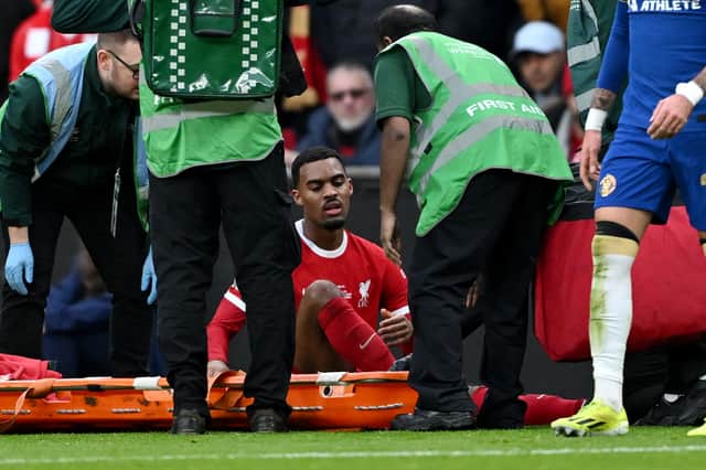  Ryan Gravenberch of Liverpool prepares to be stretchered off after picking up an injury after a tackle by Moises Caicedo of Chelsea (not pictured) during the Carabao Cup Final match between Chelsea and Liverpool at Wembley Stadium on February 25, 2024 in London, England. (Photo by Mike Hewitt/Getty Images)