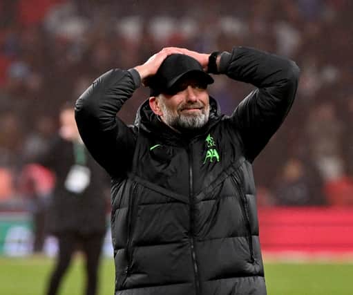 Jurgen Klopp manager of Liverpool celebrating the win at the end of the Carabao Cup Final between Chelsea and Liverpool at Wembley Stadium on February 25, 2024 in London, England. (Photo by Andrew Powell/Liverpool FC via Getty Images)