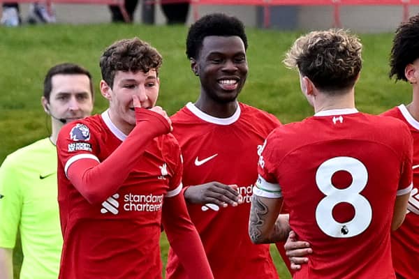 Amara Nallo of Liverpool celebrates scoring Liverpool's second goal with his team mates during the PL2 game at AXA Training Centre on February 11, 2024 in Kirkby, England. (Photo by Nick Taylor/Liverpool FC/Liverpool FC via Getty Images)