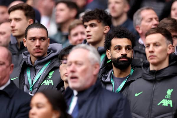 Darwin Nunez and Mo Salah had to watch Liverpool's Carabao Cup final win from the Wembley fans. (Photo by Julian Finney/Getty Images)