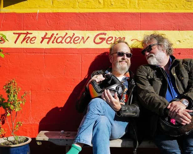 Hairy Bikers Dave Myers and Si King at Sans Cafe in Liverpool. Image: BBC/South Shore Productions/Jon Boast